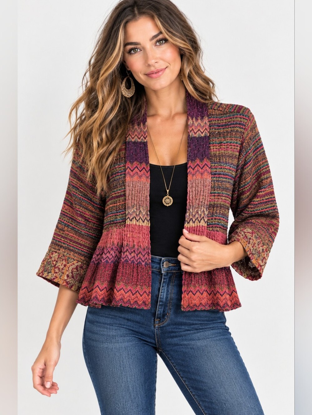 anu by Natural Multicolor Patchwork Wool Open Front Bohemian Jacket Size L